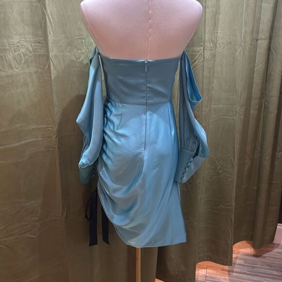 Retrofete silk Elegant Blue Off-Shoulder Dress, S - Picture 11 of 15